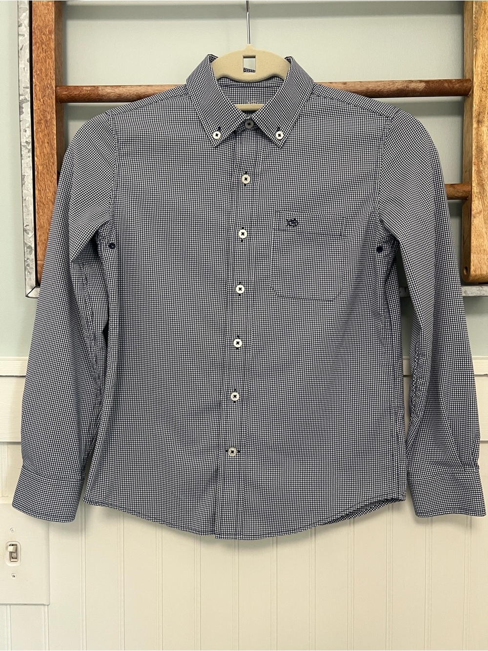 Boys Southern Tide intercoastal, mini gingham, button-down shirt, medium navy